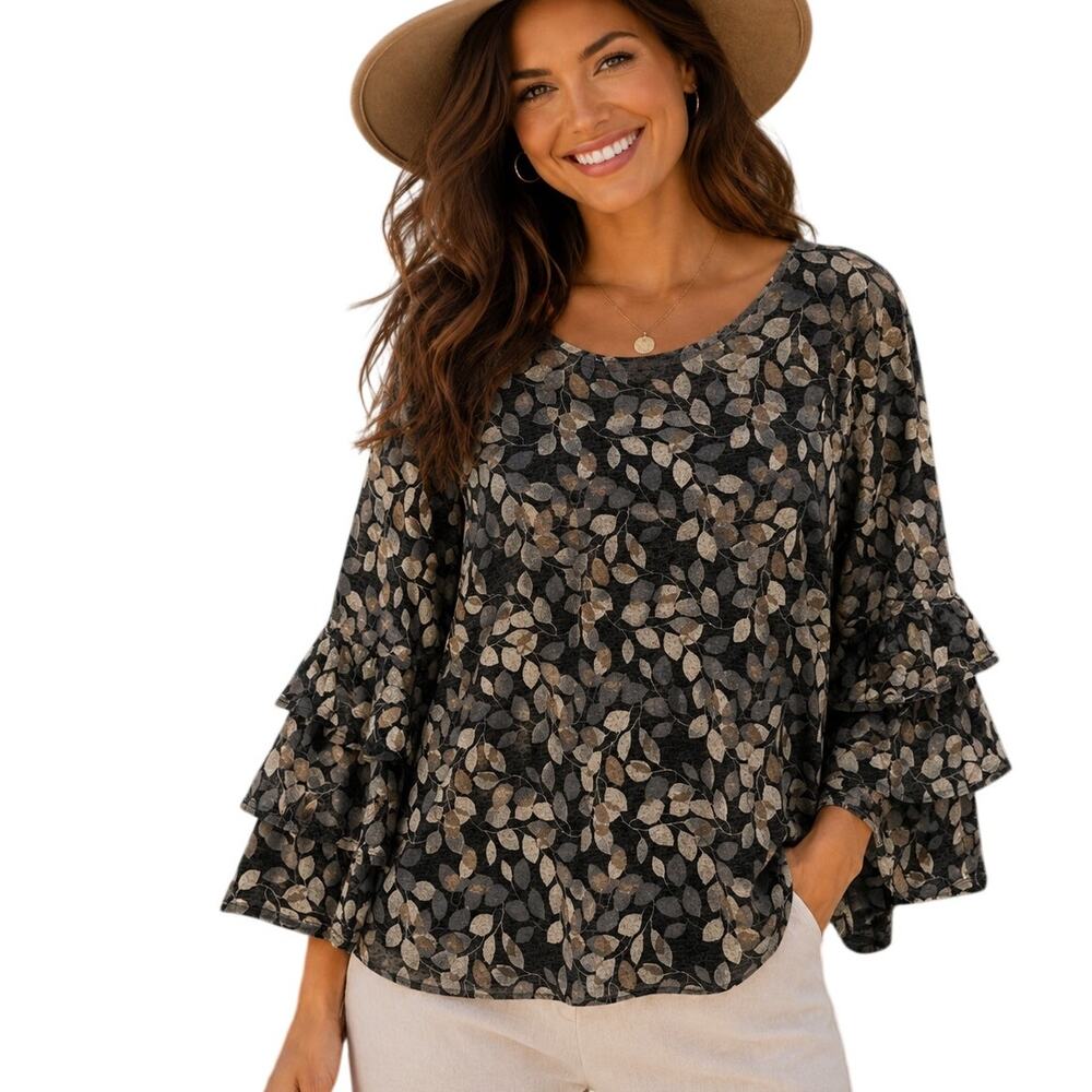 Style & Co Tiered Bell Sleeve Top Womens Medium Gray Leaf Print Soft Earthy